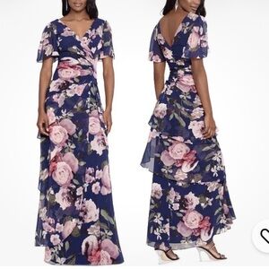 XScape Navy Blue Floral Ruffle Maxi Cocktail Dress | Size 12
